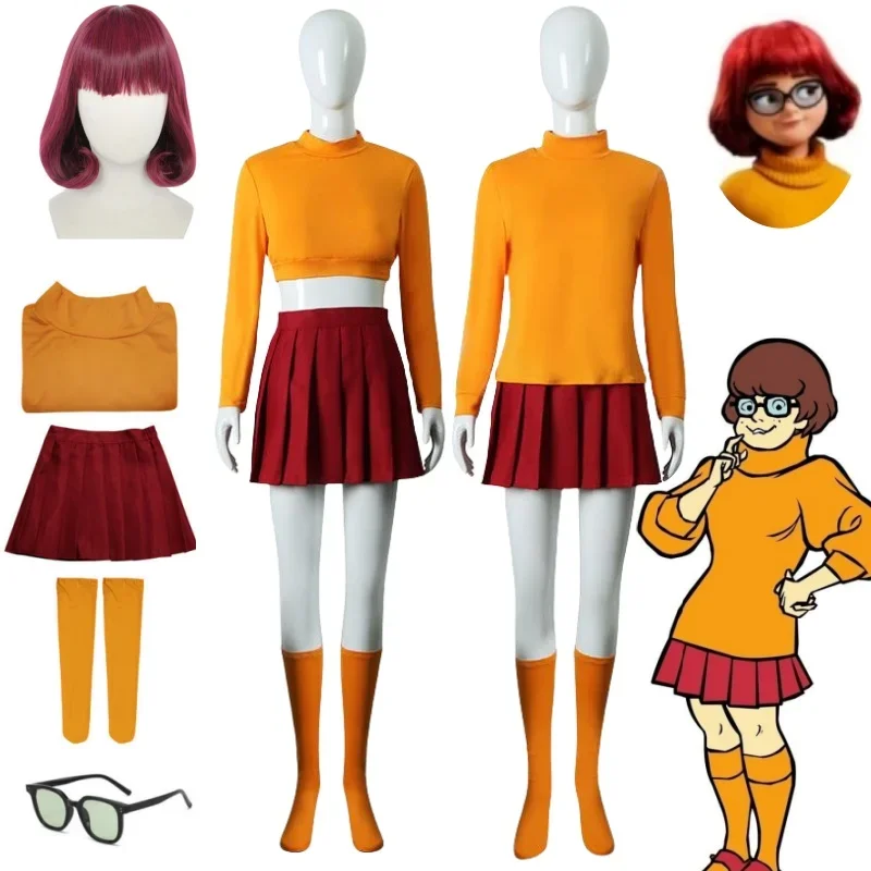 Anime velma uniforme cosplay traje laranja saia curta uniforme feminino laranja vestidos meias festa de halloween carnaval conjunto