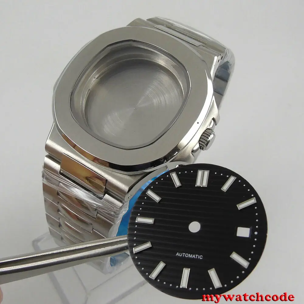 Square 40mm Steel Solid Watch Case Black Dial (case+bracelet +dial) Fit Eta 2824 NH35A NH36A miyota 8215 movement