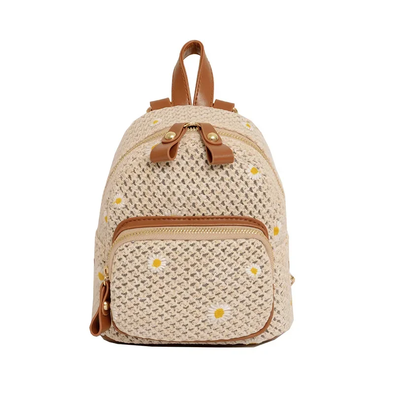 Mochila pequeña de paja tejida con bordado dulce para niñas, bolso de día de cuero PU de ratán para adolescentes, moda de verano