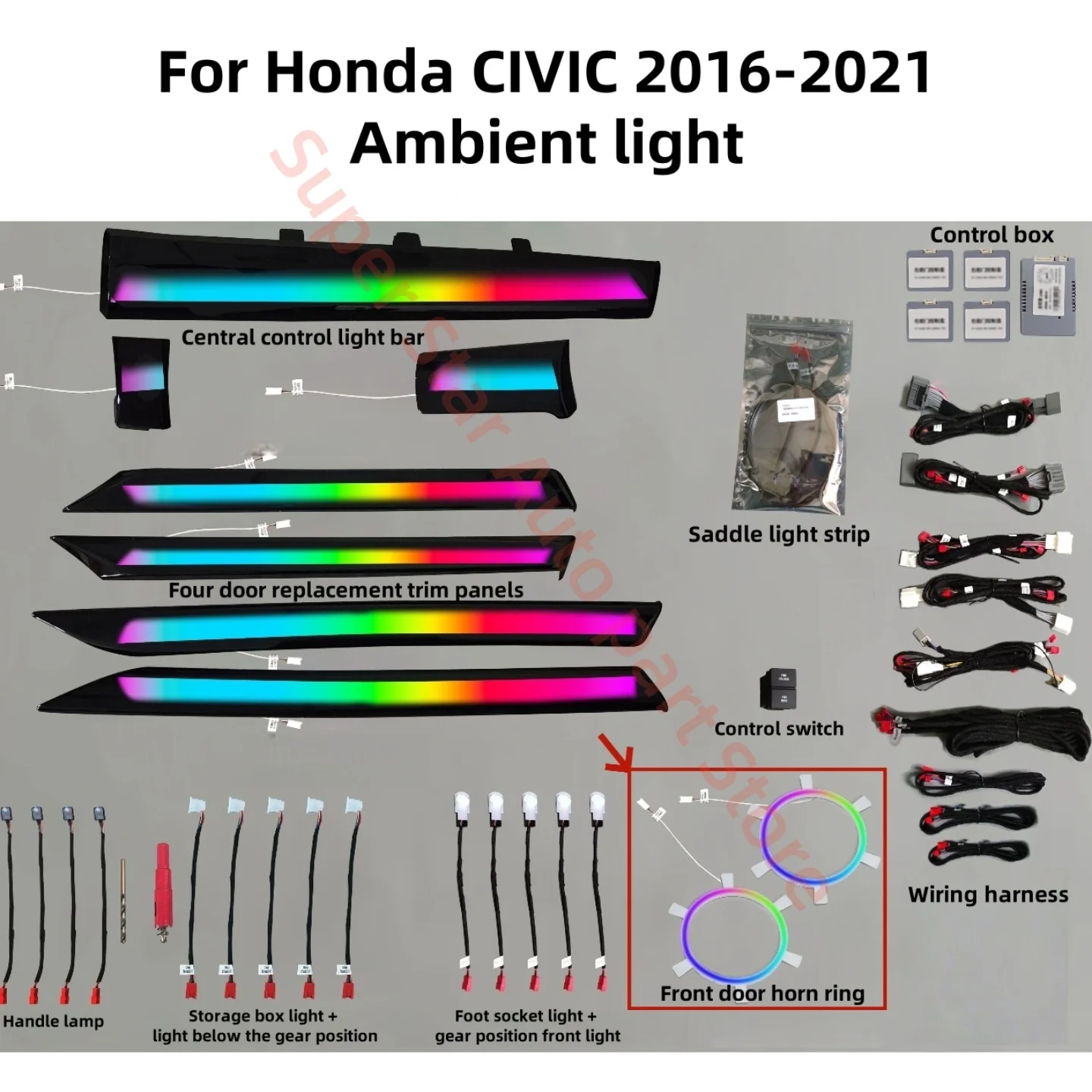 

Автомобильный светодиодный окружающий свет для Honda Civic, 64-цветная направляющая для двери, внутренняя атмосфера, модификация, кнопка управления через приложение