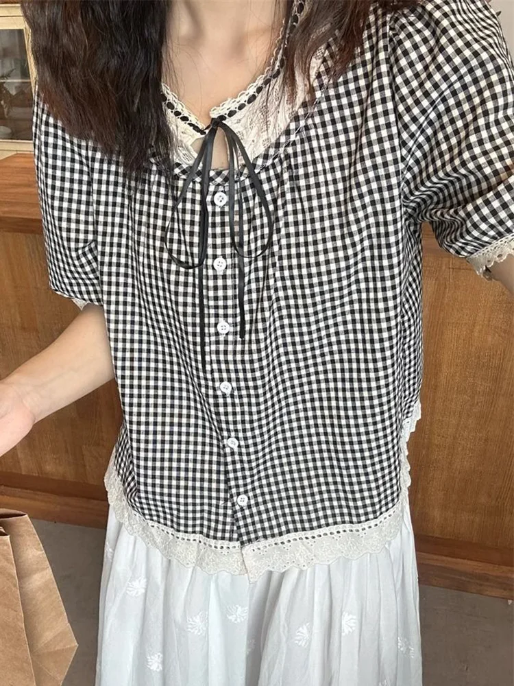 Zoki Sweet Vintage Women Plaid Blouse Casual Preppy Style Lace Patchwork Loose Shirt Cute Retro Female Short Sleeve Lace Up Tops