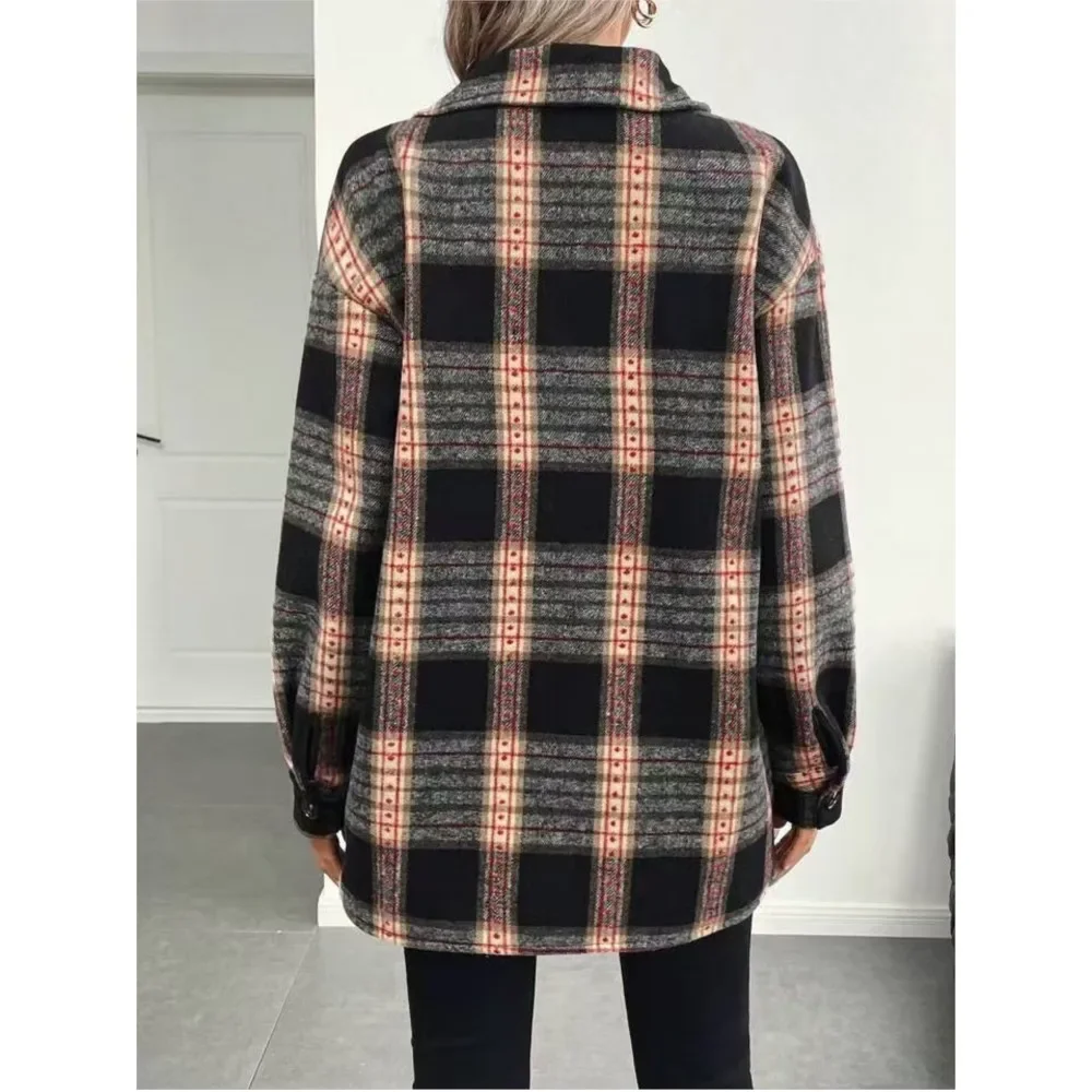 Autumn Winter Women's Fashion Sherpa Lined Plaid Long Sleeve Coat Button Down Flannel Shirt Jacket Casual Warm Coat WithPockets