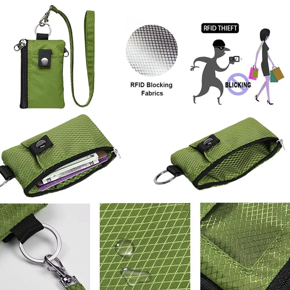 Cartera delgada con bloqueo para mujeres y hombres, tarjetero minimalista resistente al agua con cremallera, llavero de viaje, funda con insignia con cordón, antirrobo