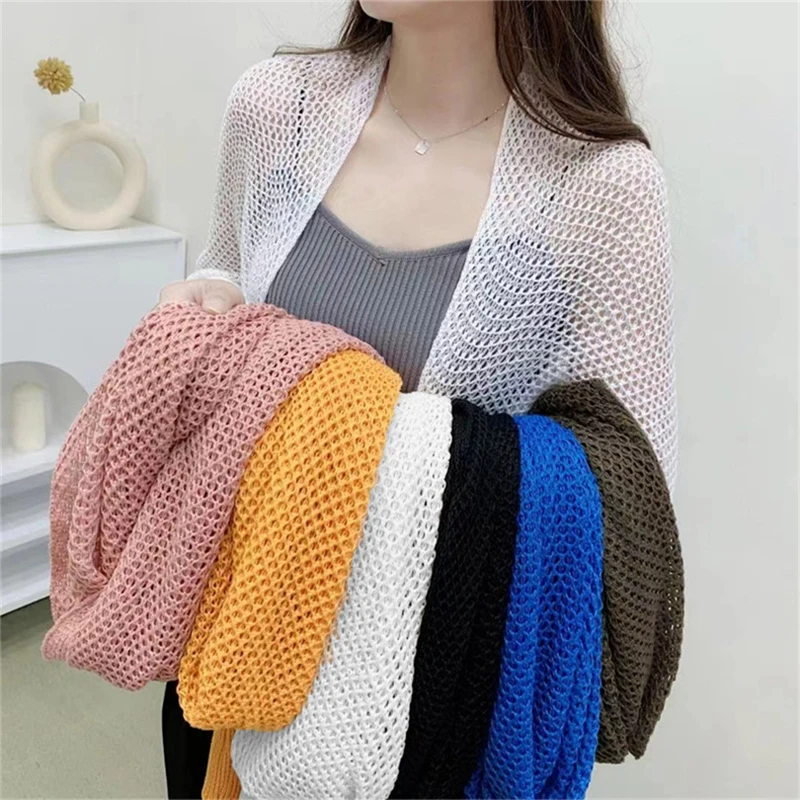 Summer Women Solid Color Hollow Out Long Sleeve Sunscreen Loose Knitted Cardigan