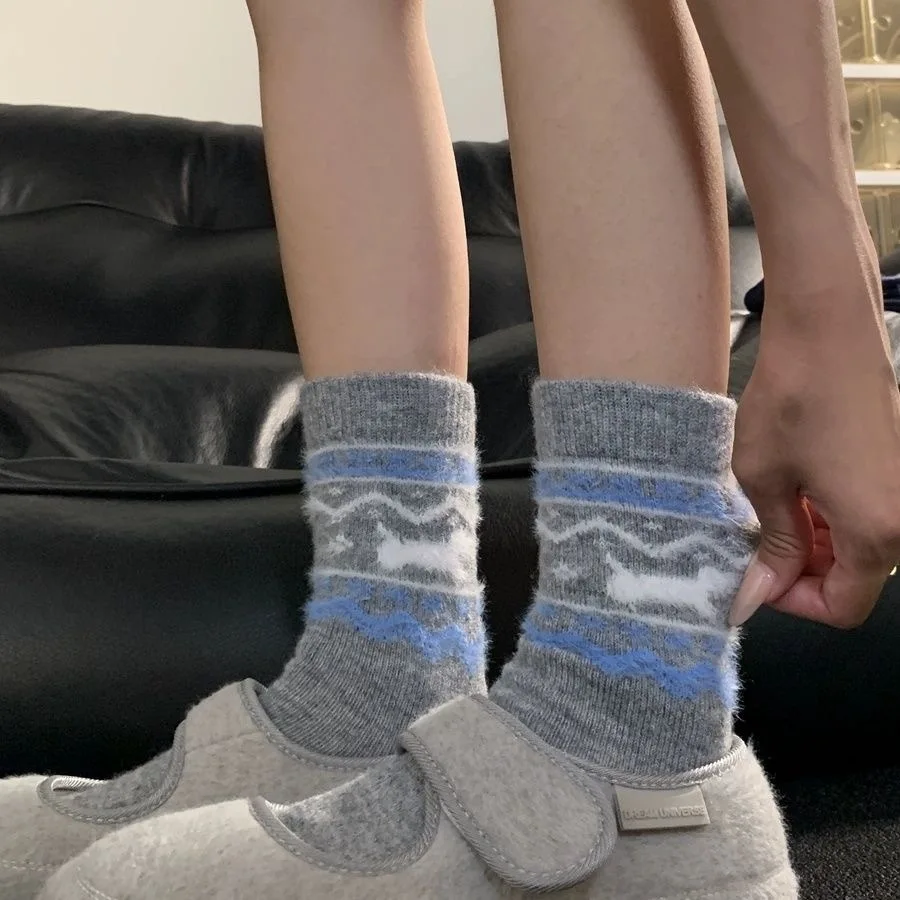 4 Pairs of Random Color Fair Isle Style Socks, Cartoon Warm Mid-Calf Women's Socks, Slouchy Mid-Calf Socks, Autumn and Winter Socks, Thanksgiving Gift