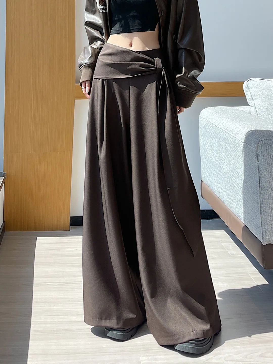 레이드바 와이드 레그 수트 팬츠 여성용 가을 겨울 캐주얼 플리츠 루즈핏 바지 스커트 하이웨이스트 출퇴근룩