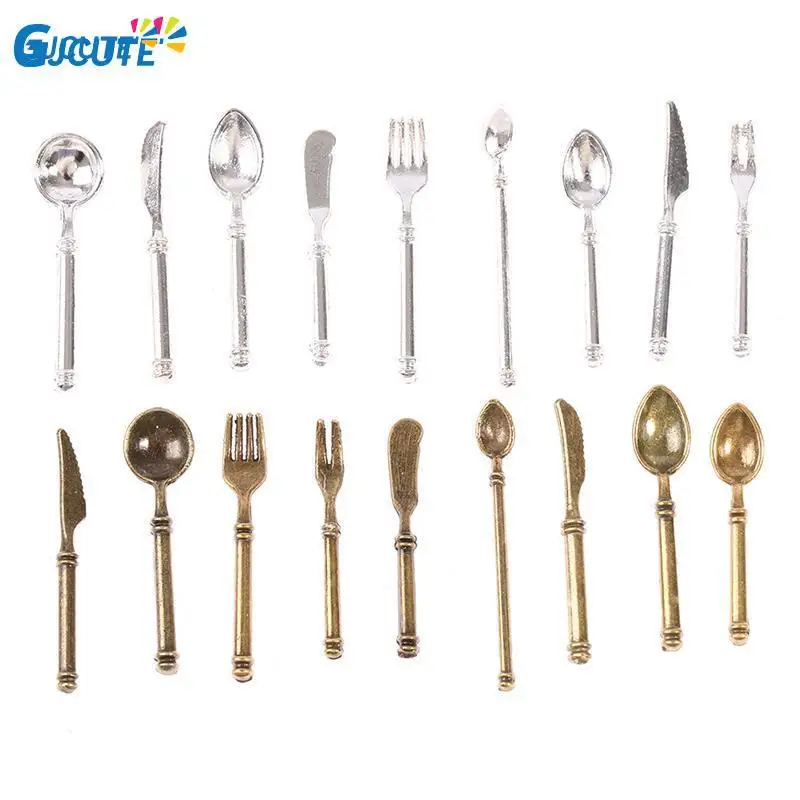 9Pcs/Lot Vintage Dollhouse Miniatures Tableware Mini Cutlery Knife Fork Spoon Childrens Toy For Doll House Decor