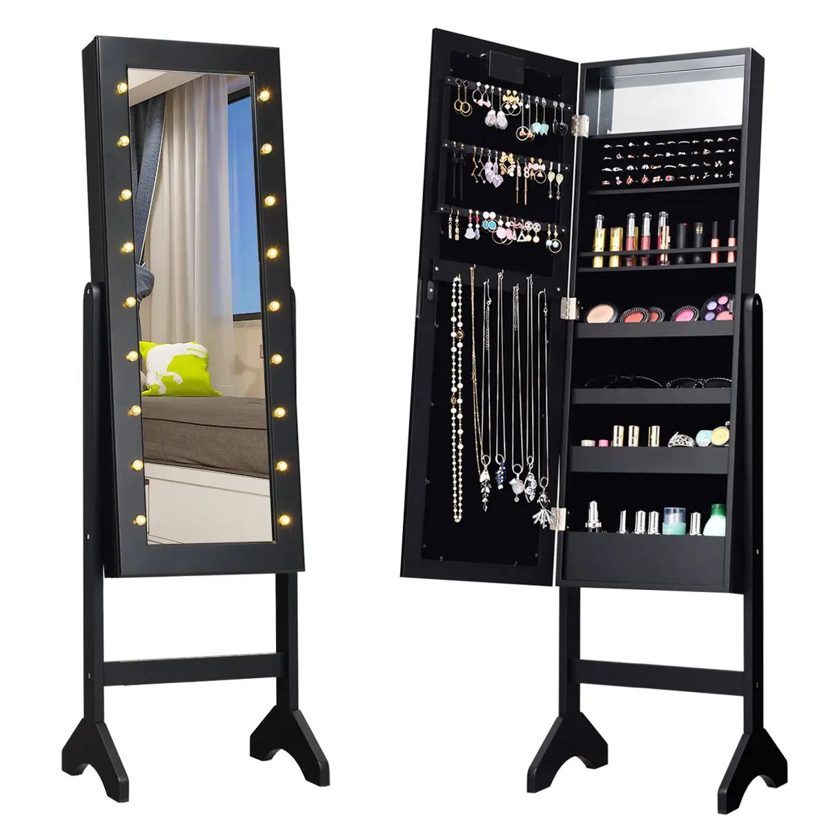 

Free Standing Mirrored Jewelry Cabinet Armoire Organizer w/ 18 LED Lights Black