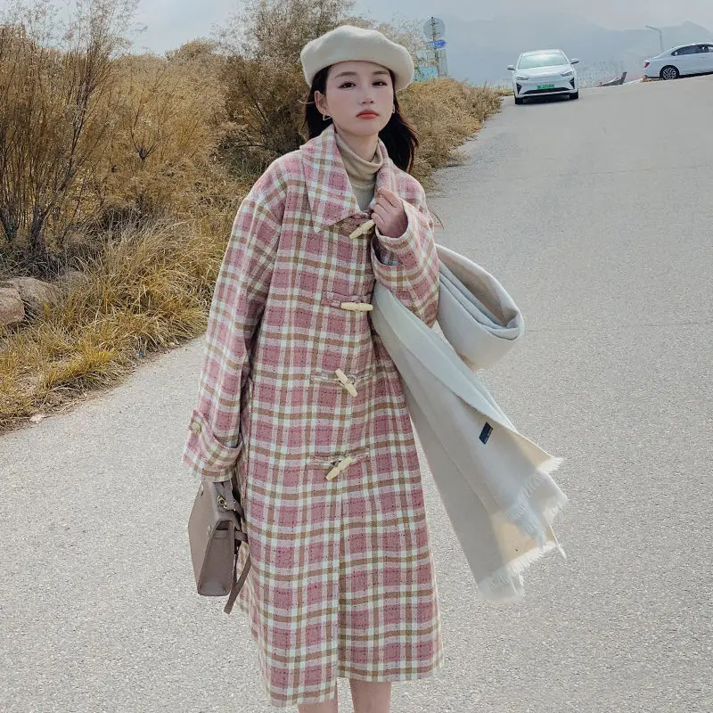 Winter Women Elegant Pink Plaid Woolen Coat Female Long Below The Knee College Style Horn Button Outwear Loose Casual Outcoat