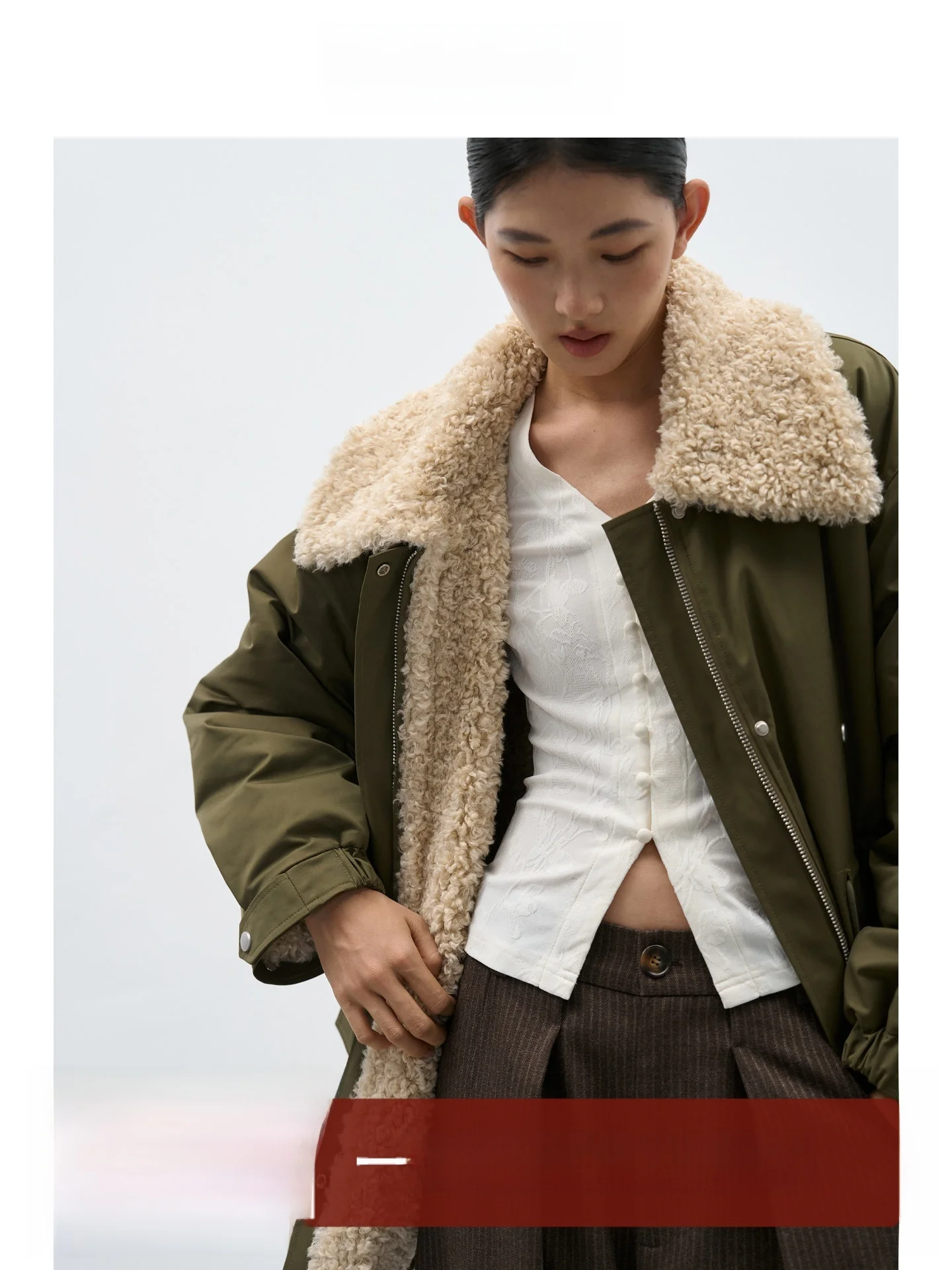 

EIGHTHMONTH Military een Lamb Fur Collar Parka Jaet Women's Loose Warm Mid-Length Coat Simple Sle Long Sve Zipper