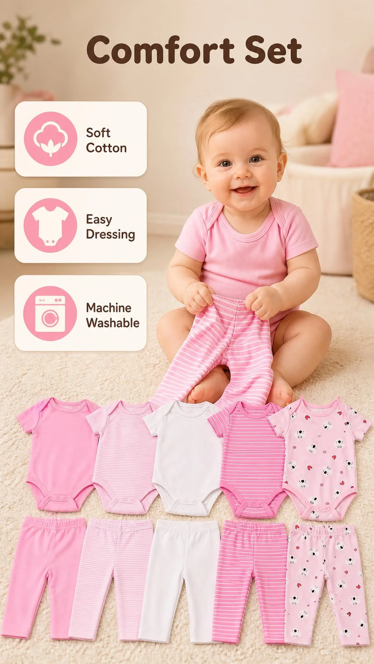 JY.COZY 10-Pack Newborn Baby Girl Layette Essentials Giftset Infant Short Sleeve Bodysuit and Pants Set Soft Cotton No Zipper Snap Closure Machine Washable Clothes for Home Sleep Outing Pink White Stripe Bear Heart