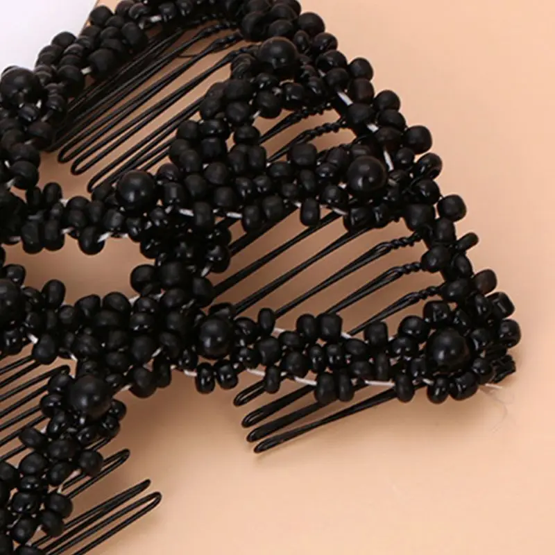 Ladies Women Elastic Hairpin Stretch Double Magic Hair Comb Handmade Beaded Hair Clip Bun Maker DIY Styling Tool