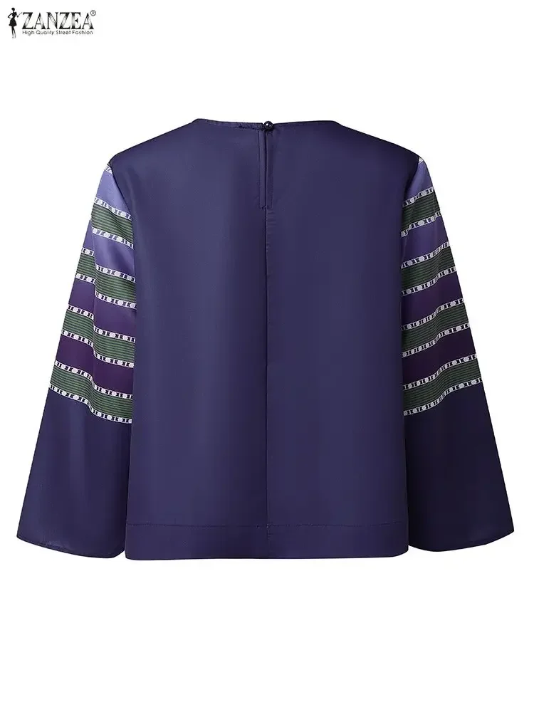 Damskie bluzki w kontrastowe paski w stylu etnicznym, codzienne, z okrągłym dekoltem, rękawami trzy czwarte, krótkie topy ZANZEA 2025, odzież damska na jesień.
