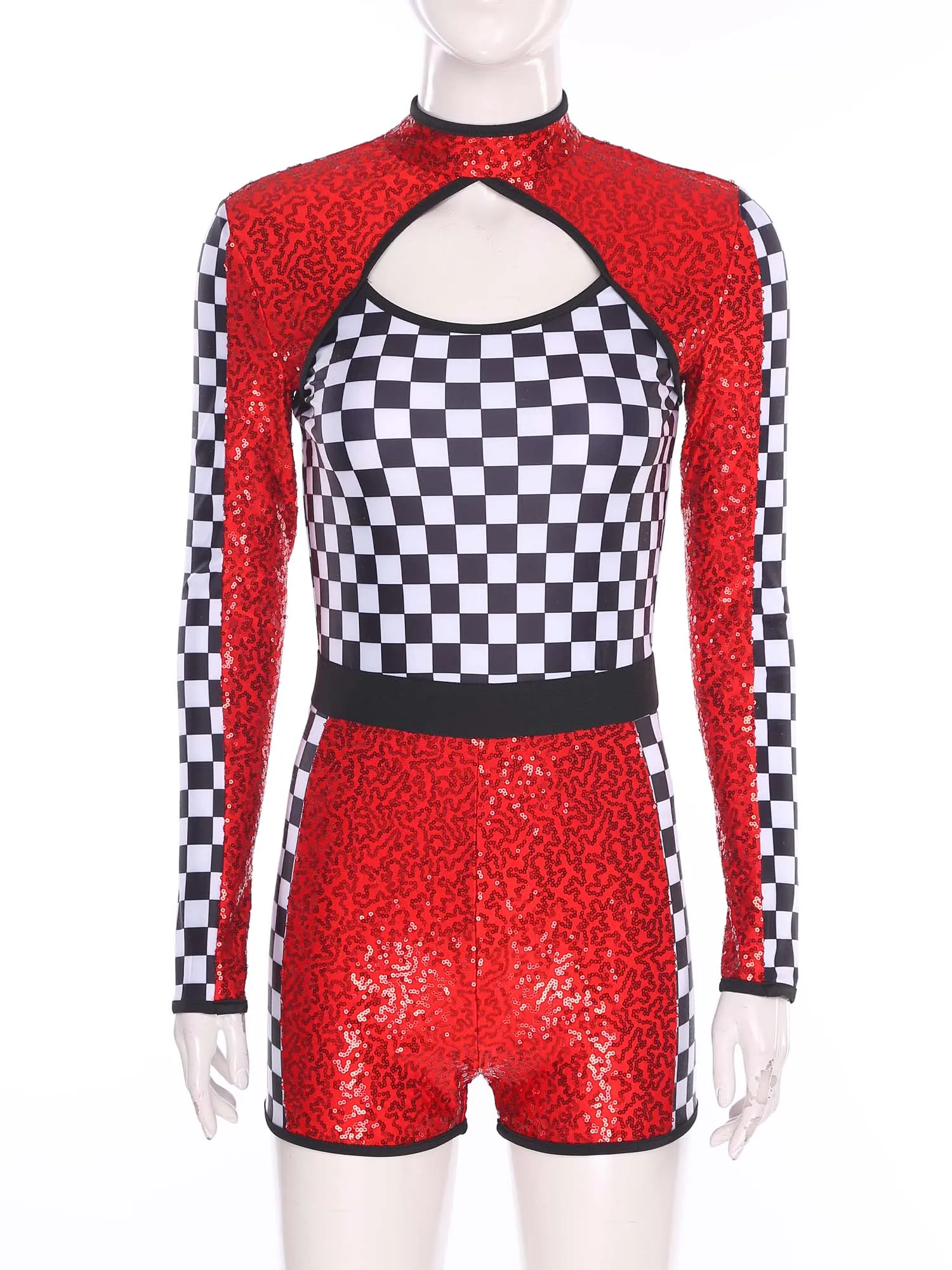 

Крутой женский костюм для соревнований водителя в шахматном порядке, модный блестящий комбинезон для косплея на Хэллоуин с длинными рукавами