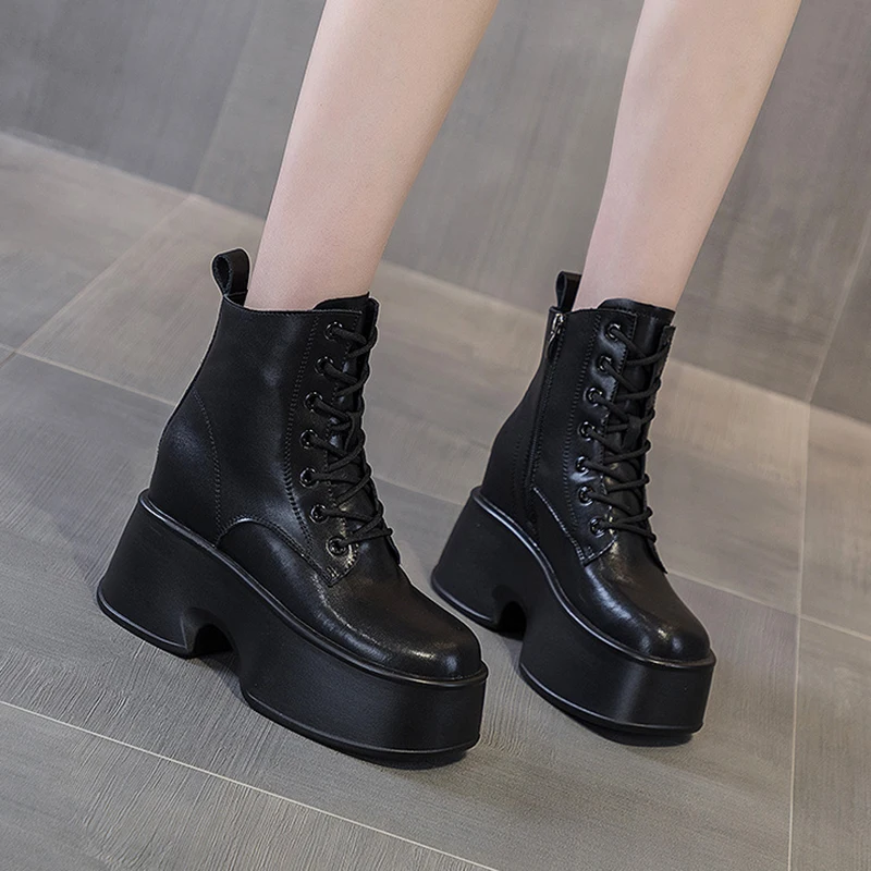 

Women Ankle Boots Genuine Leather Platform Shoes Fashion Hidden Heel Ladies Ankle Boots Rubber Sole Women Warm Plush Winter Boot