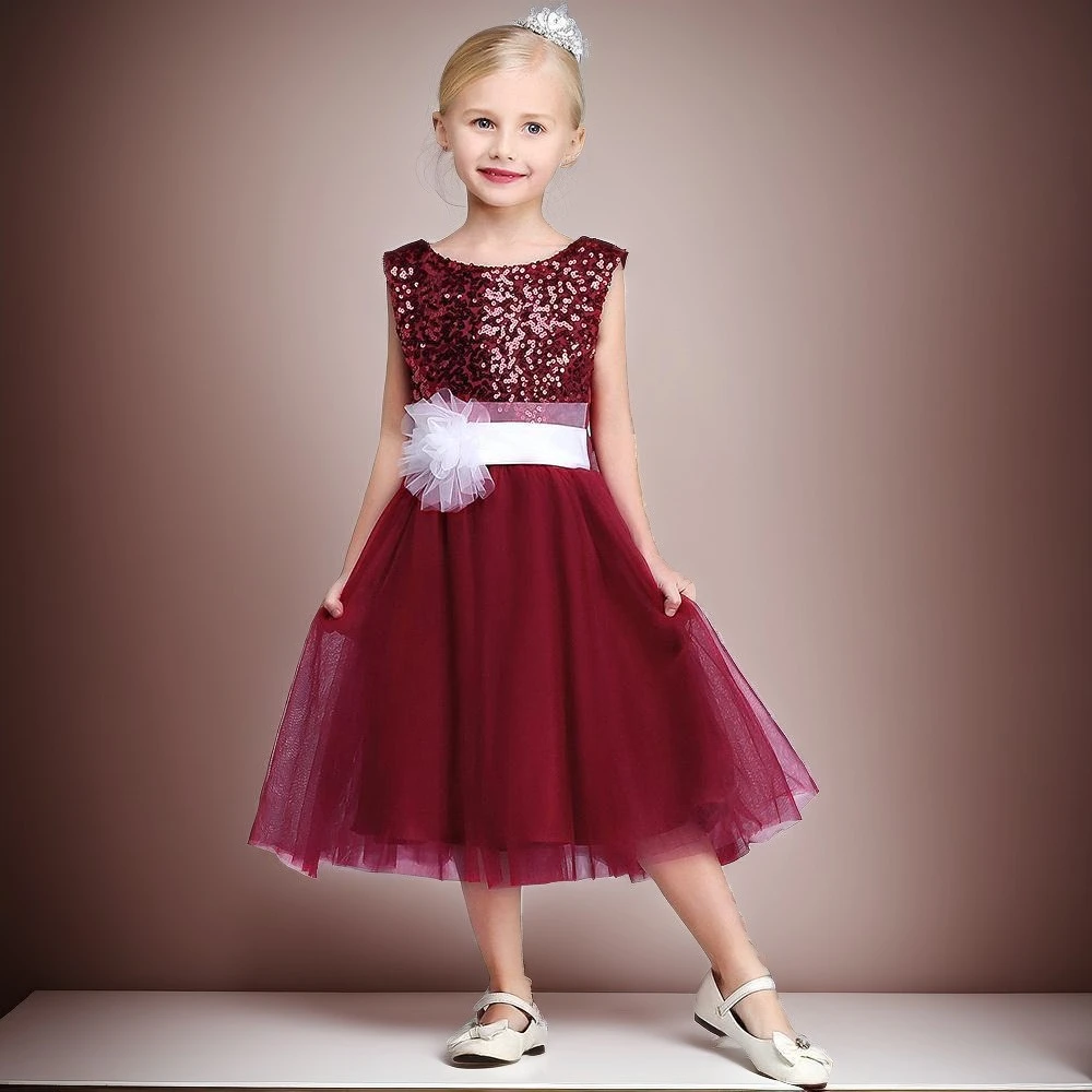 Burgundy Communion Dresses O-neck Sequins Sleeveless Zipper Flower Girl Dress Mesh Flower Bow Belt A Line Wedding Kids Dress