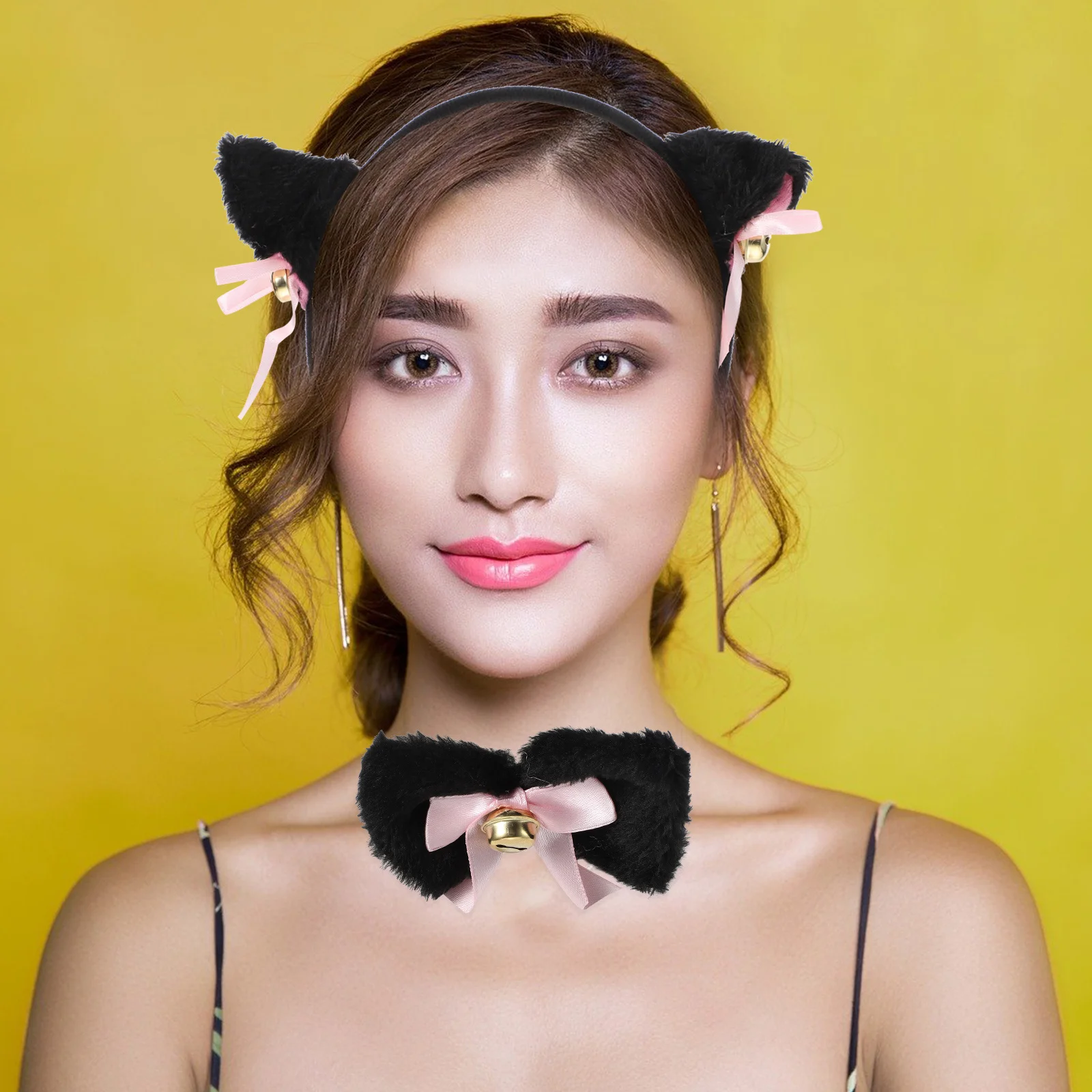 

5 шт., костюм для косплея кота, черные уши, воротник, хвост, перчатки без пальцев, лапы, вечерние костюмы для косплея, готическая Лолита