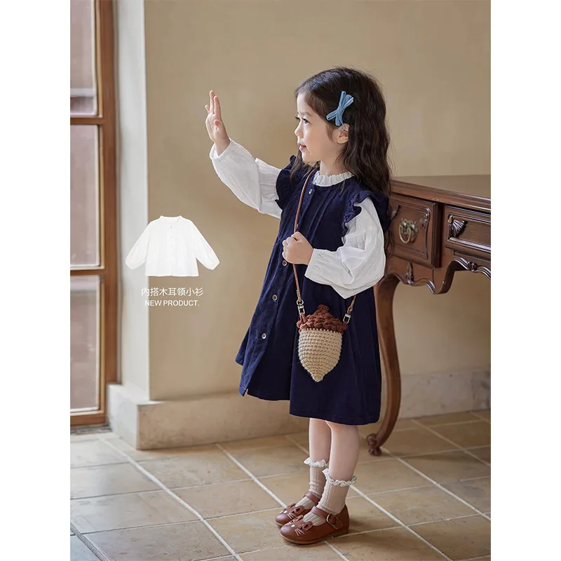 Trajes de principios de otoño para niñas, camisa blanca coreana, Top, chaleco, vestido, conjunto de dos piezas, trajes de moda de estilo Simple coreano, ropa 2024