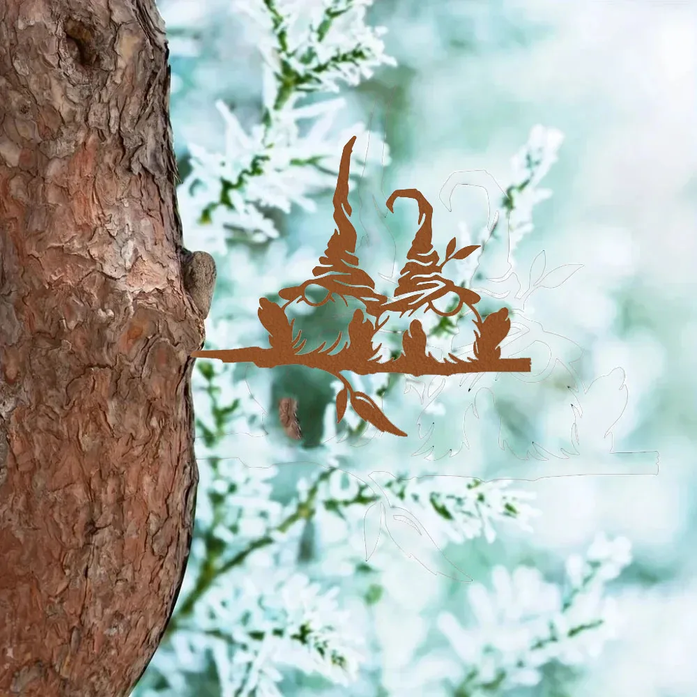 Enchanting 1pc Metal Branch with 2 Gnomes and Mushrooms – Transform Your Outdoor Spaces with Magic. Lovely Yard Art