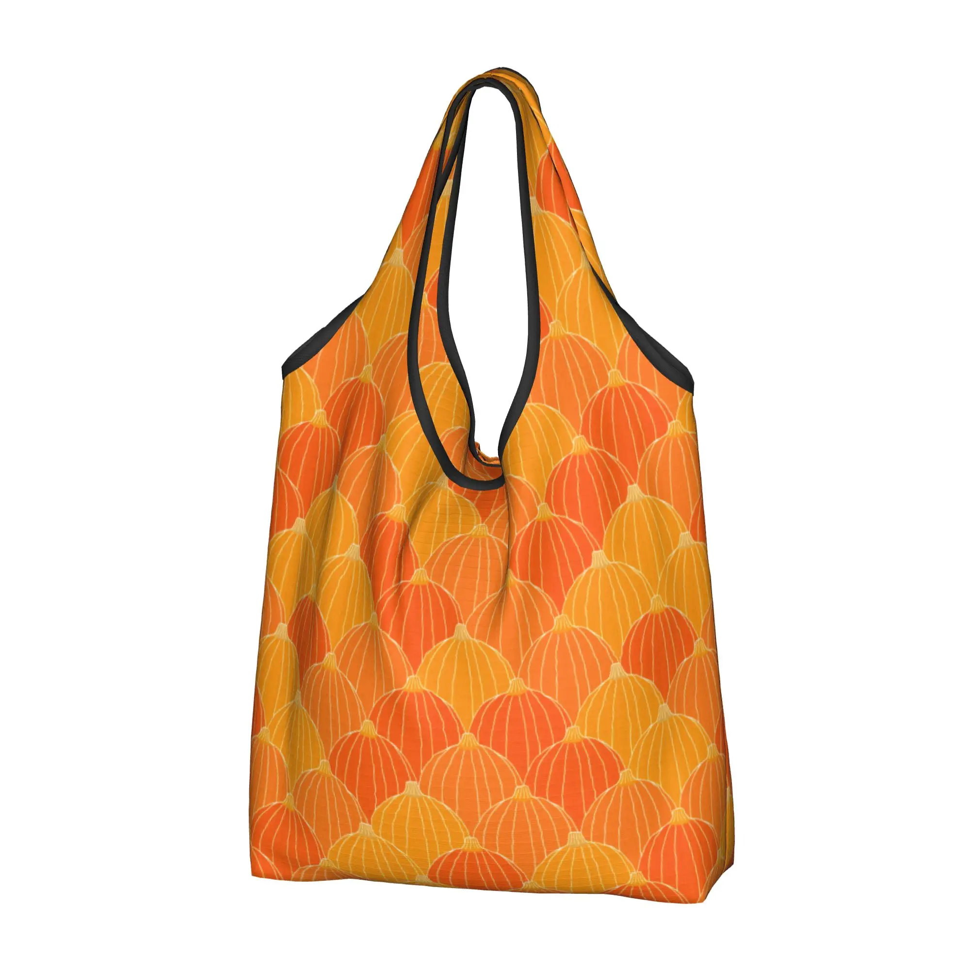 Pumpkin Patch Orange Groceries Shopping Bags Cute Shopper Shoulder Tote Bags Large Capacity Portable  Handbag