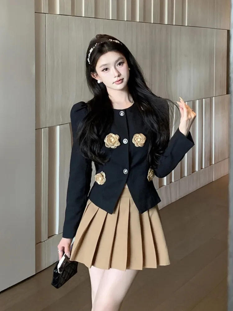 High Quality Elegant Fashion Small Fragrance 2 Piece Set For Women 3D Flowers Jacket Coat + Pleated Long Skirt Two Piece Suits