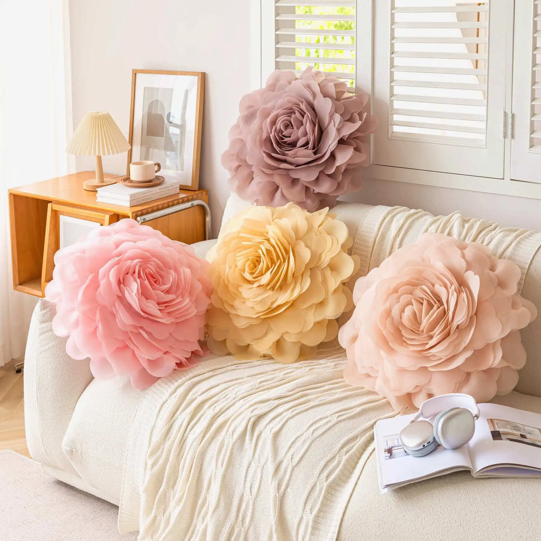 European Flower Cushion Cover Stereoscopicl Organza Flower Pillowcase Round Luxury Cushion Princess Style Sofa Home Decoration