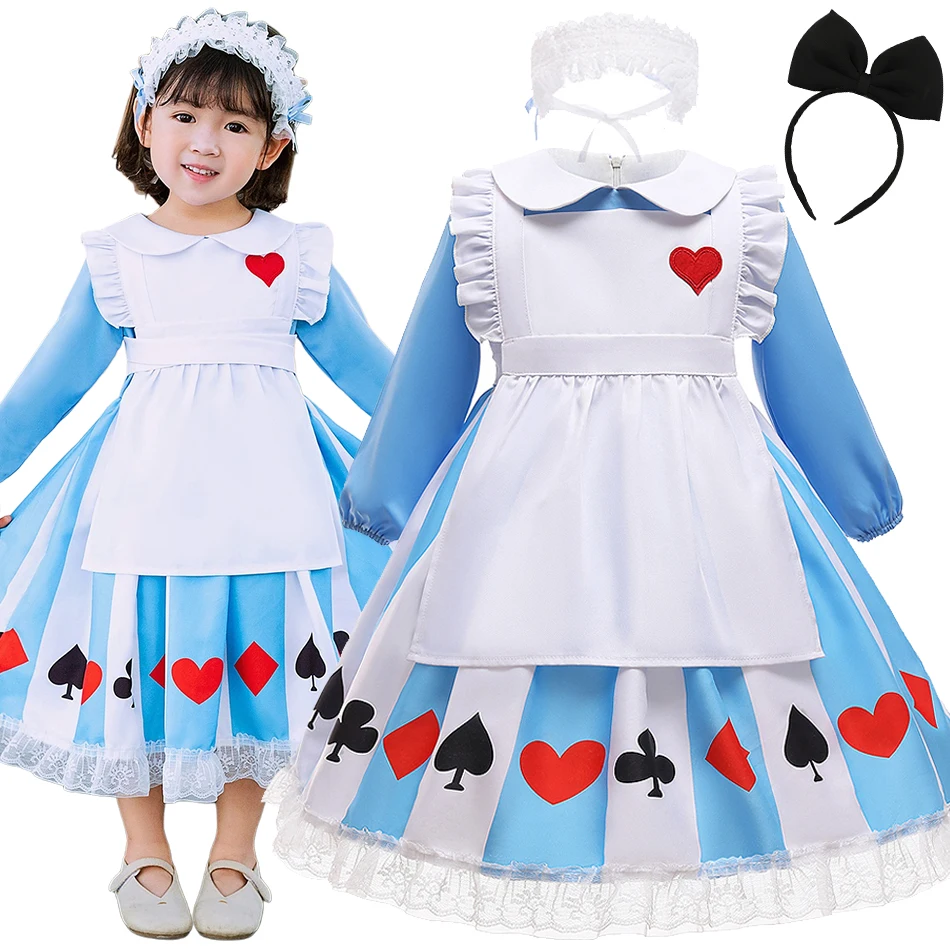 Alice Lolita Princess Dress Children Long Sleeves Maid Frocks 2Pcs Cosplay Stage Costume Girls Halloween Disguise Event Clothing