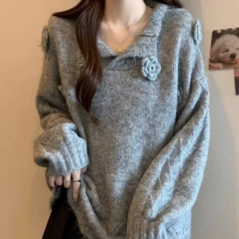 

2025 Autumn/Winter New Solid Color Collar Three Dimensional Flower Knitted Sweater Women's Loose Lazy Style Sweater Hoodie