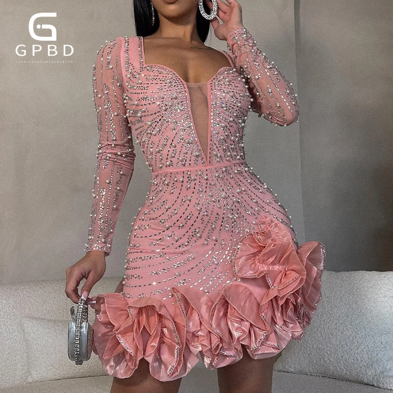 2025 novas mulheres manga de malha bodycon sexy diamantes vestido de festa de aniversário em camadas babados strass pérolas noite clube vestido rosa