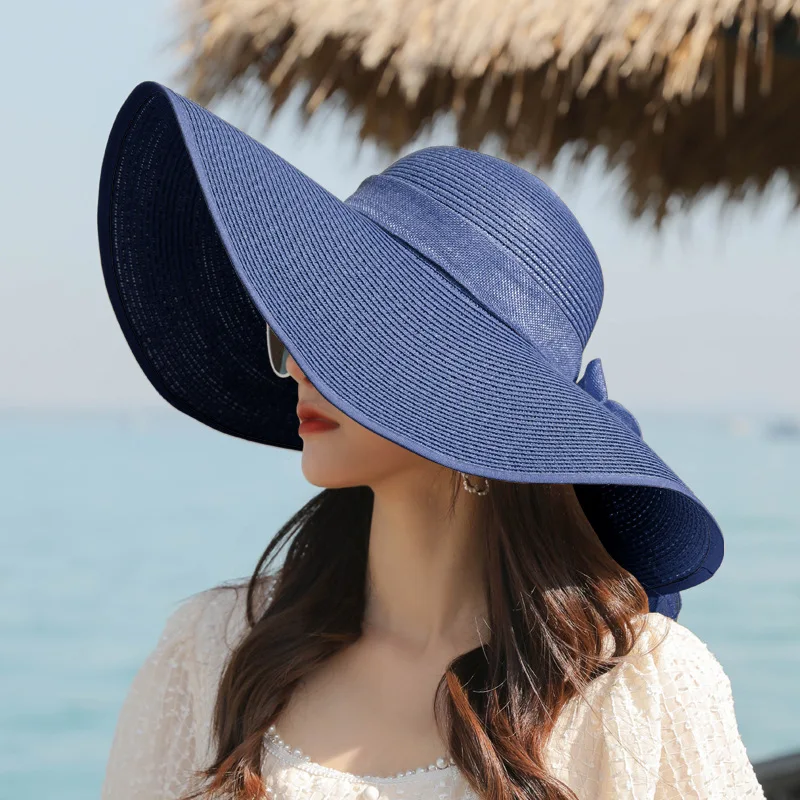 INS Handmade Weave Bow Sun Hats for Women 2023 Black Ribbon Large Brim Straw Hat Outdoor Beach Summer Caps Gorras Hombre