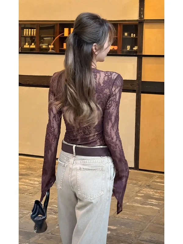 ピュアデザイア スパイシーガール カラーブロ ロングスリーブ ディープVネック レースボディスーツ スリムフィット セクシー トップス レディース ハイウエスト パンツ ポリエステル...