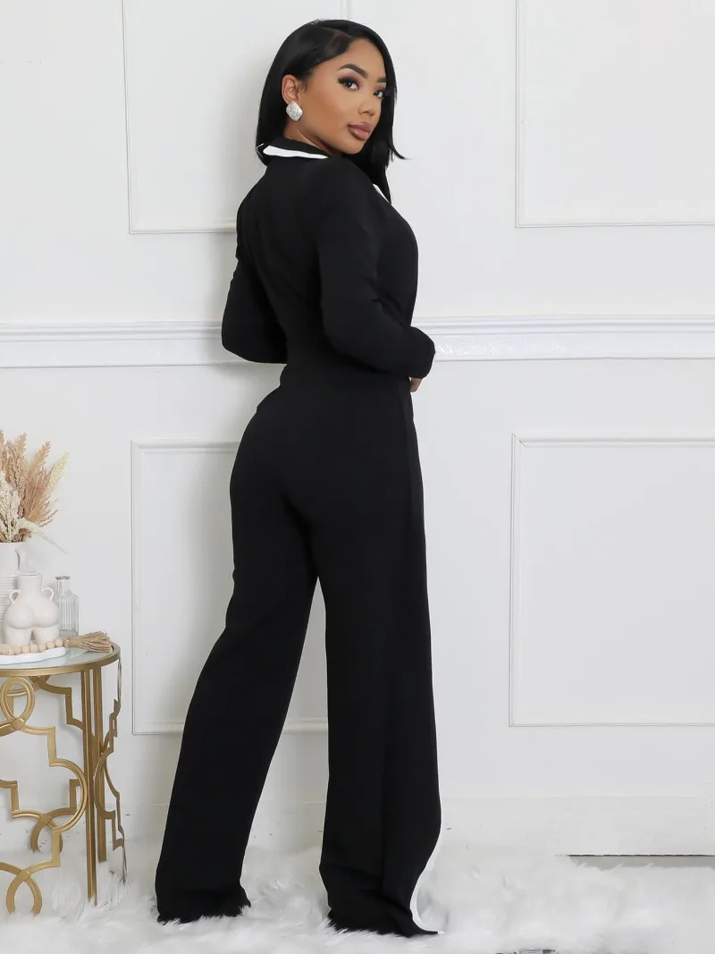 KEXU Contrast Color Work Wear Women Long Sleeve Notched Neck Wide Leg Blazer Jumpsuits Elegant OL One Piece Set Romper Playsuit