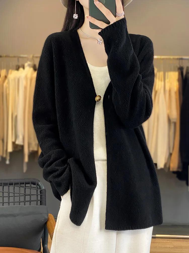 Women V-neck Cardigan Autumn Winter 100% Merino Wool Sweater Vintage Twist Flower Long Sleeve Knitwear Korean Fashion Tops