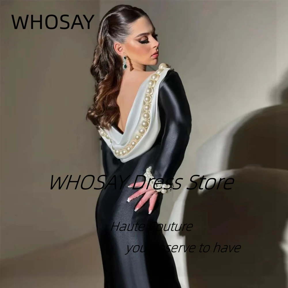 WHOSAY Celebrity Women Wear Black Prom Dresses Big Pearls Long Sleeves Evening Party Gowns Sexy Back Vestidos De Noches