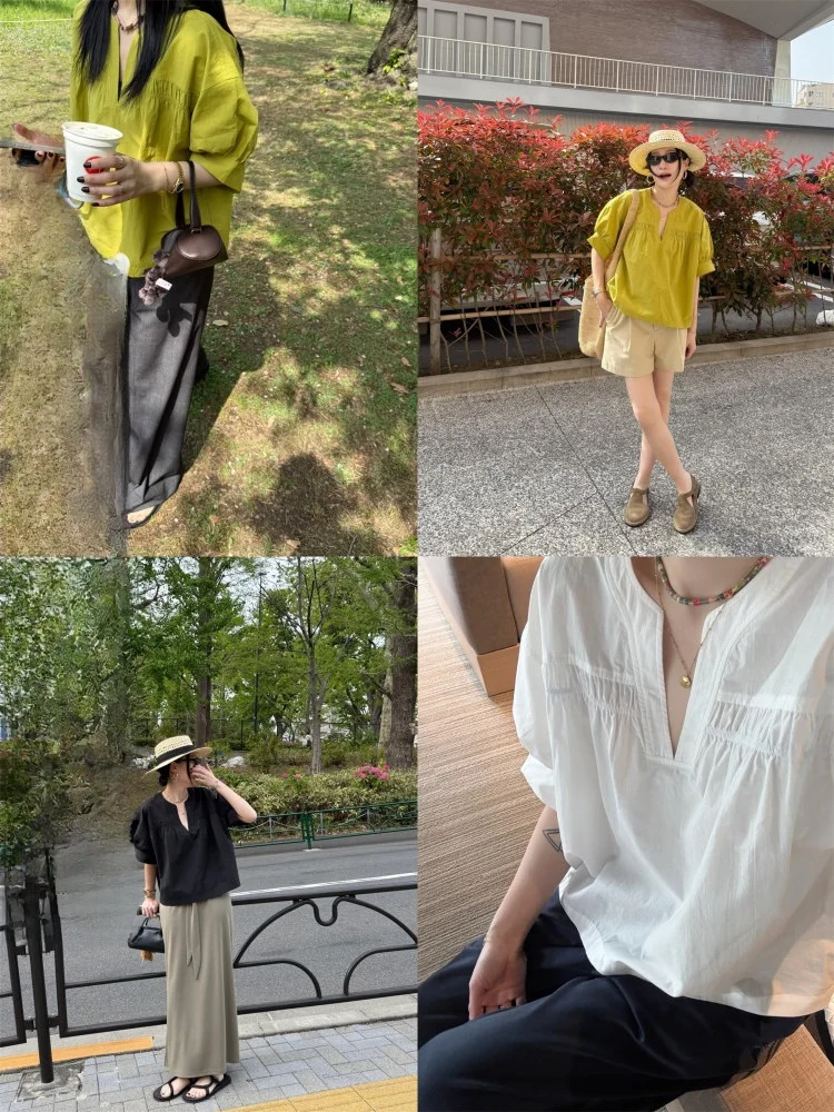 

Новая летняя женская блузка Elielim Sweet Tea Par с V-образным вырезом, в японском стиле, с эффектом омоложения, с коротким рукавом, свободного кроя