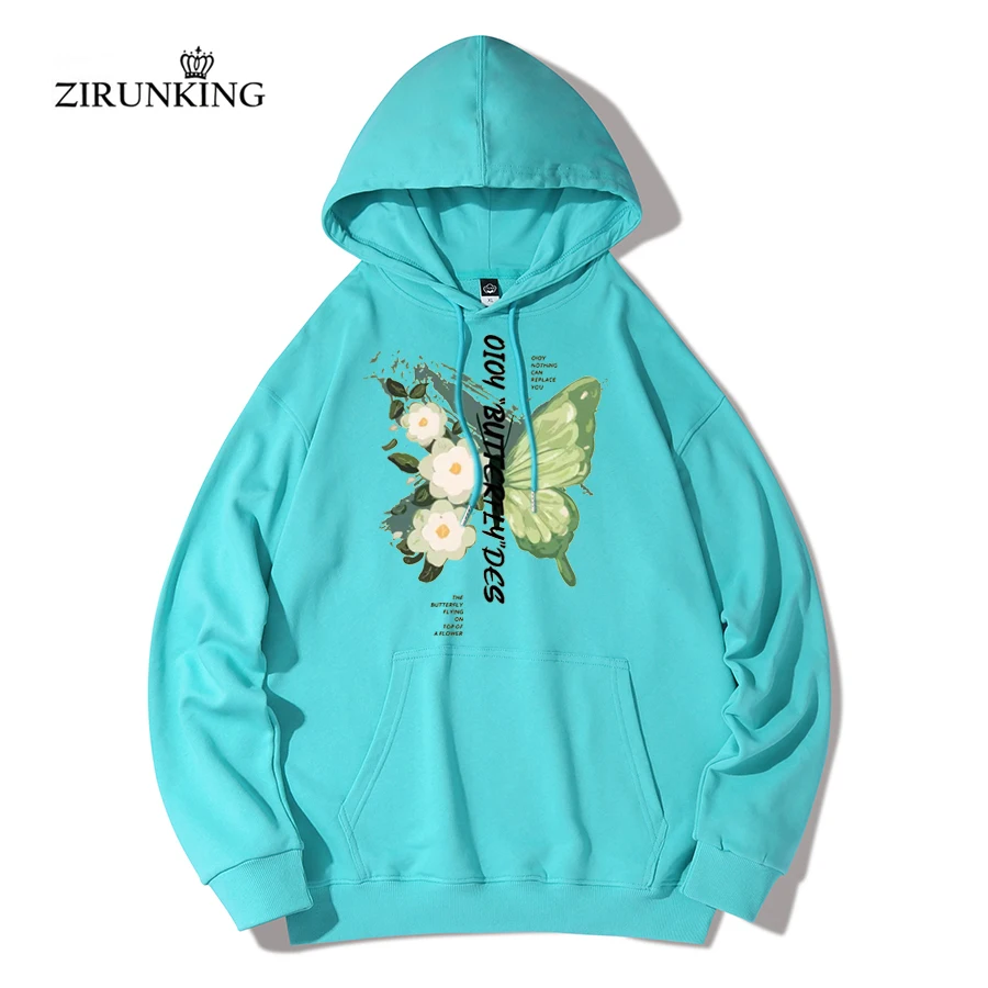 

ZIRUNKING Spring Autumn Fashion Casual Top Flower Butterfly Print Hoodies Green Pulper Blue Multicolor Sportswear For Couples