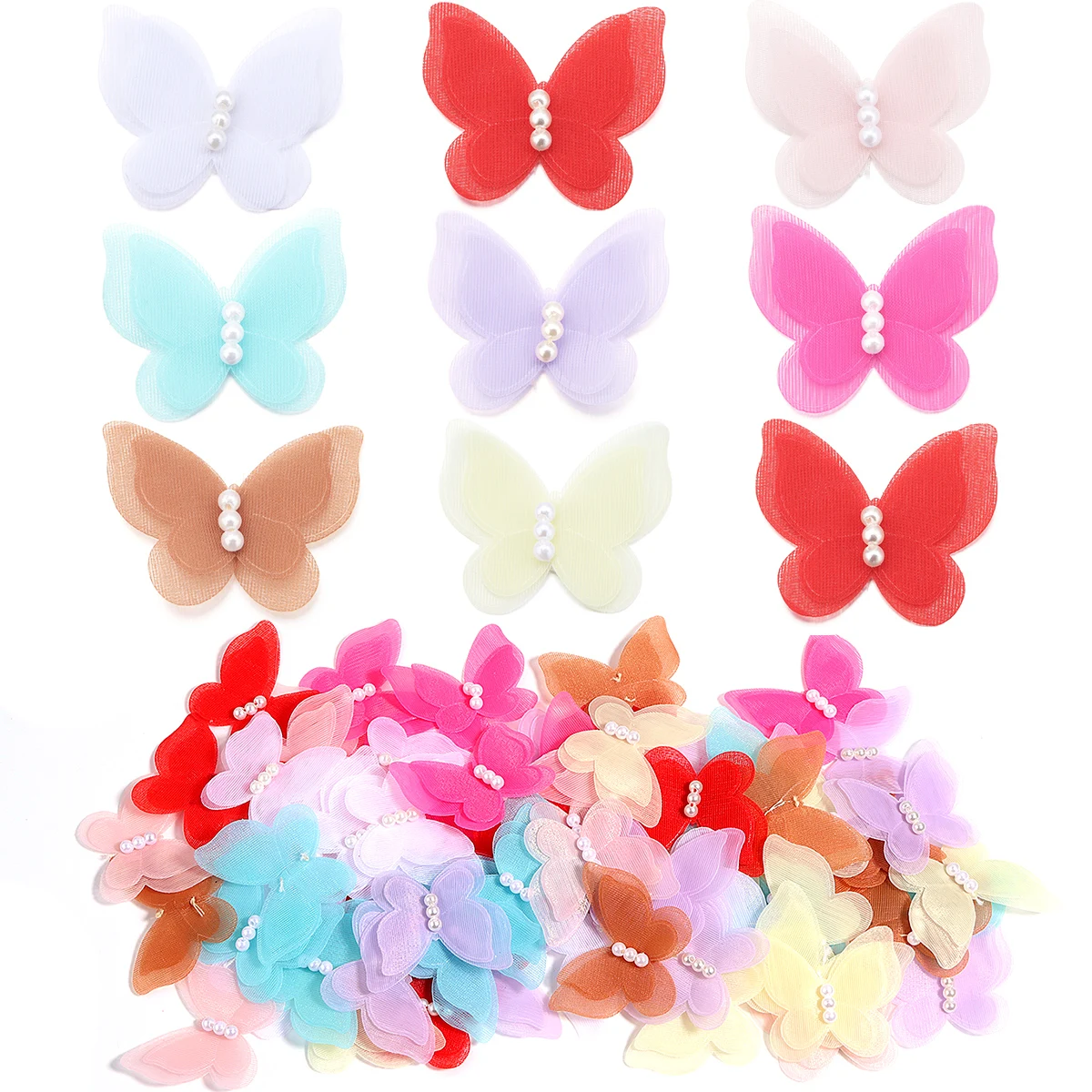 10 قطعة الأورجانزا النسيج فراشة يزين ثلاثية الأبعاد 4.3x3.7 سنتيمتر شبكة اللؤلؤ فراشة حالمة شفافة DIY بها بنفسك الخياطة الحرفية الديكور