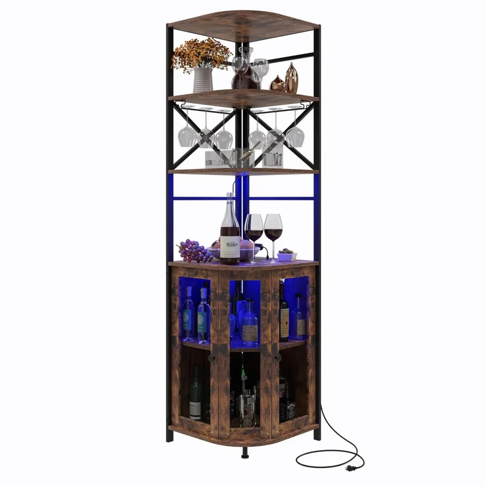 Armoire à vin avec prise de courant, armoire à vin industrielle à 6 niveaux avec éclairage LED et porte-verre, coin vin, personnalisé