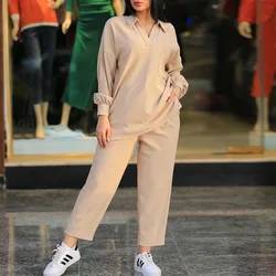 Women Tracksuit Pant Sets Pullover Tops Turn Down Collar Straight Pants Ankle Length Pockets Casual Solid Loose Drawstring