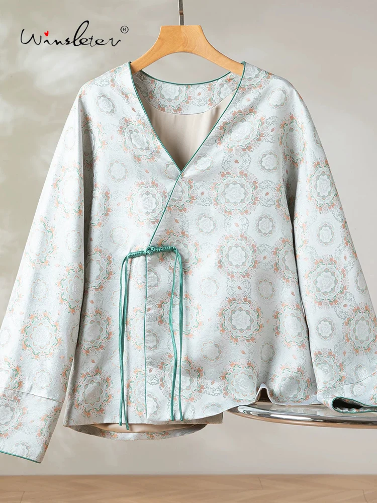 

Winsleter-100% Элегантное парчовое пальто из настоящего шелка Song, жаккардовое пальто с V-образным вырезом, женское новое свободное пальто в китайском стиле, весна 2026 C5D705CC