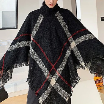 Pulôver xadrez de malha masculino, xale feminino, capa solta, suéter de gola alta, capa de poncho, envoltório, primavera, outono, inverno, 2022