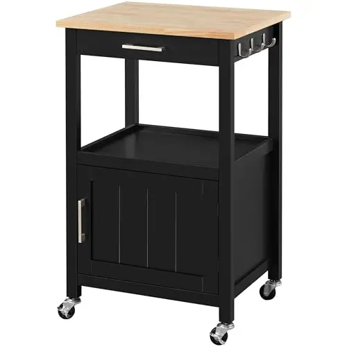 Rolling Kitchen Island Cart with Storage, 2 Tier, Wood Top, Black | Small Kitchen Island on Lockable Wheels, Microwave