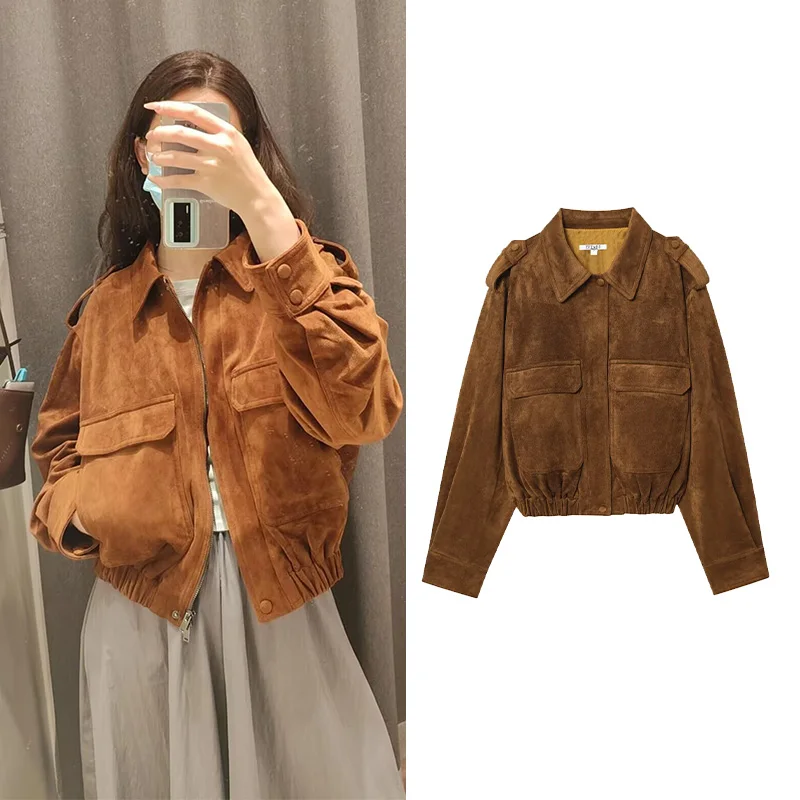 

HipSeam женская замшевая куртка осень-зима мода с длинными рукавами отложным воротником эластичный подол на молнии женское пальто простые женские топы