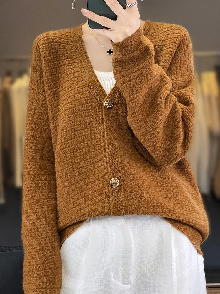 Fimora Women V-neck Hollow Cardigan Spring Autumn Cashmere Sweater Office Lady Grace Clothing 100% Merino Wool Knitwear Korean