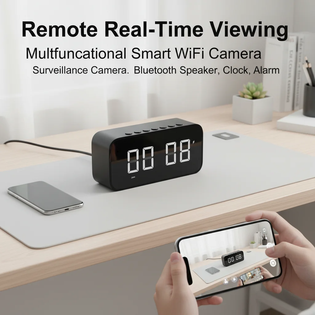 Digital Clock Camera 4-in-1 Multifunctional: Speaker, Clock, Alarm & Camera | 4K UHD WiFi 6 Camera | Remote Real-Time Viewing