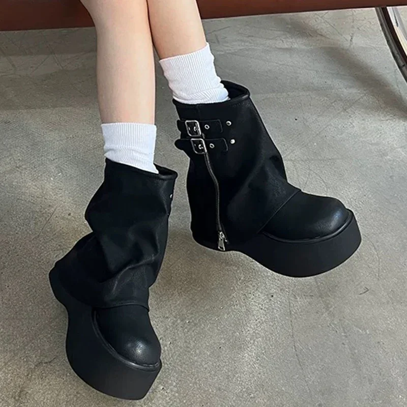 Platform Women Mid Calf Chelsea Boots High Heels Designer Shoes New Fashion Luxury Gladiator Femme Motorcycle Boots