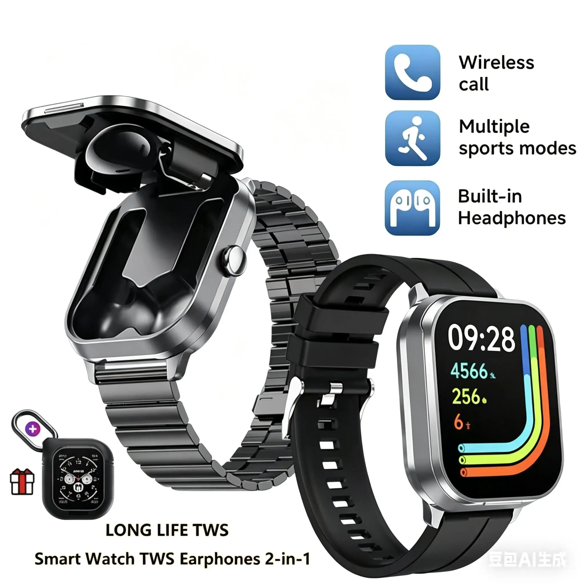 

2 IN 1 Earbuds Smart Watch 2.01" HD Screen NFC Bluetooth Call Health Monitor With Silicone Sleeve Outdoor Sports Fitness Watch