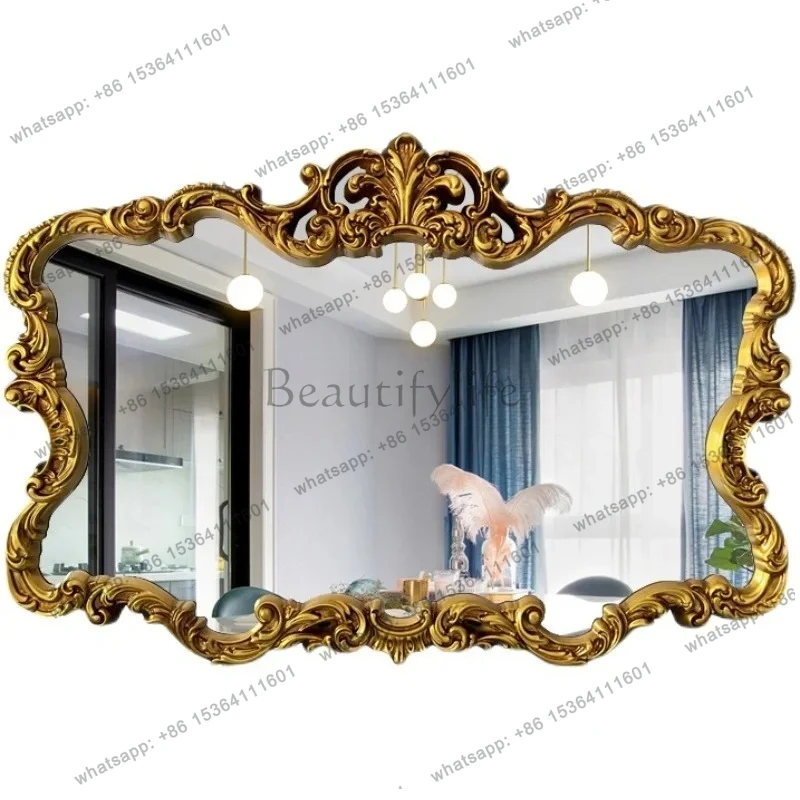 

European retro bathroom mirror wall hanging carving, bathroom, light luxury vanity bathroom decorative mirror