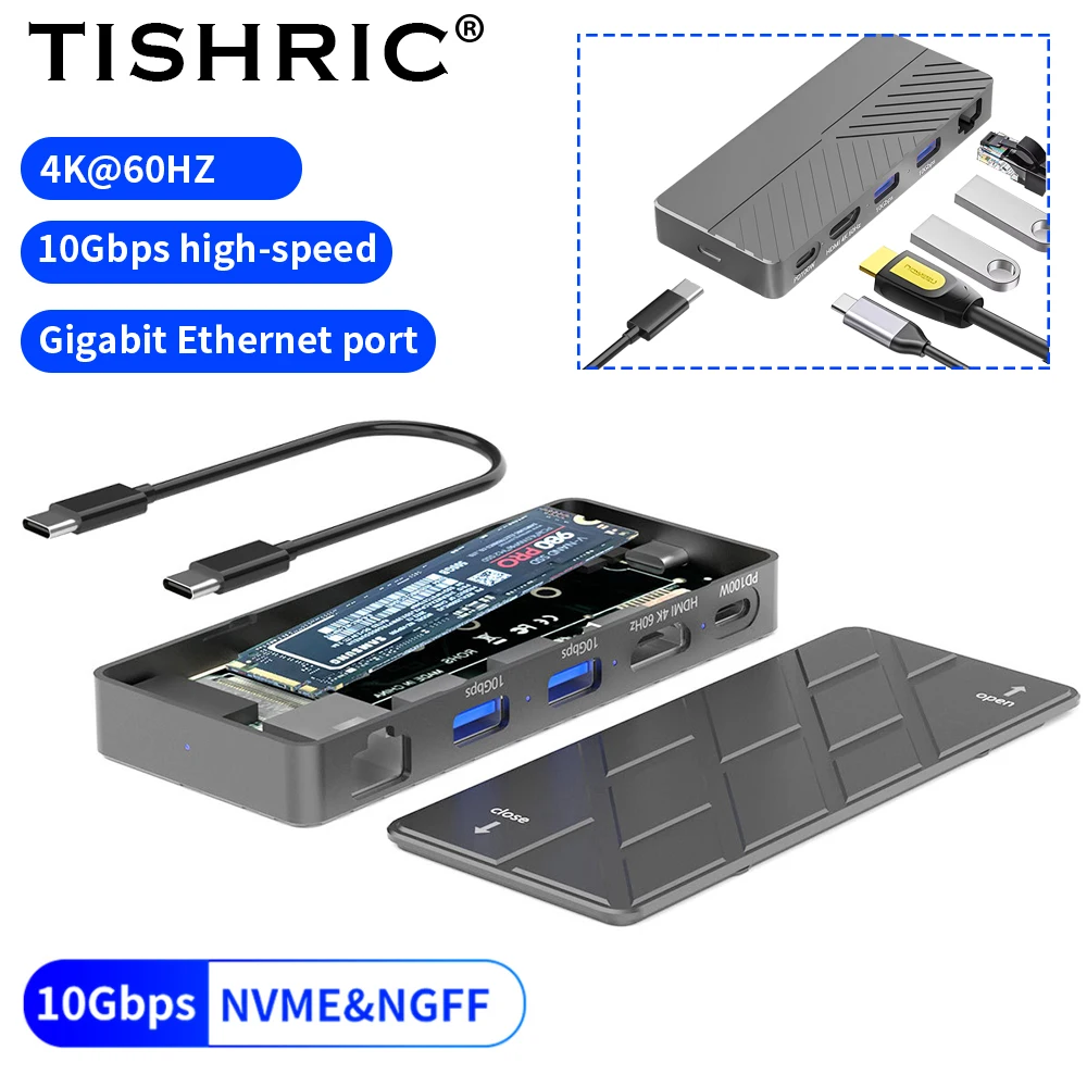 محطة إرساء TISHRIC 6 في 1M.2 SSD - دعم البروتوكول المزدوج (NVMe/NGFF SATA) مع USB3.2 Gen2 بسرعة 10 جيجابت في الثانية