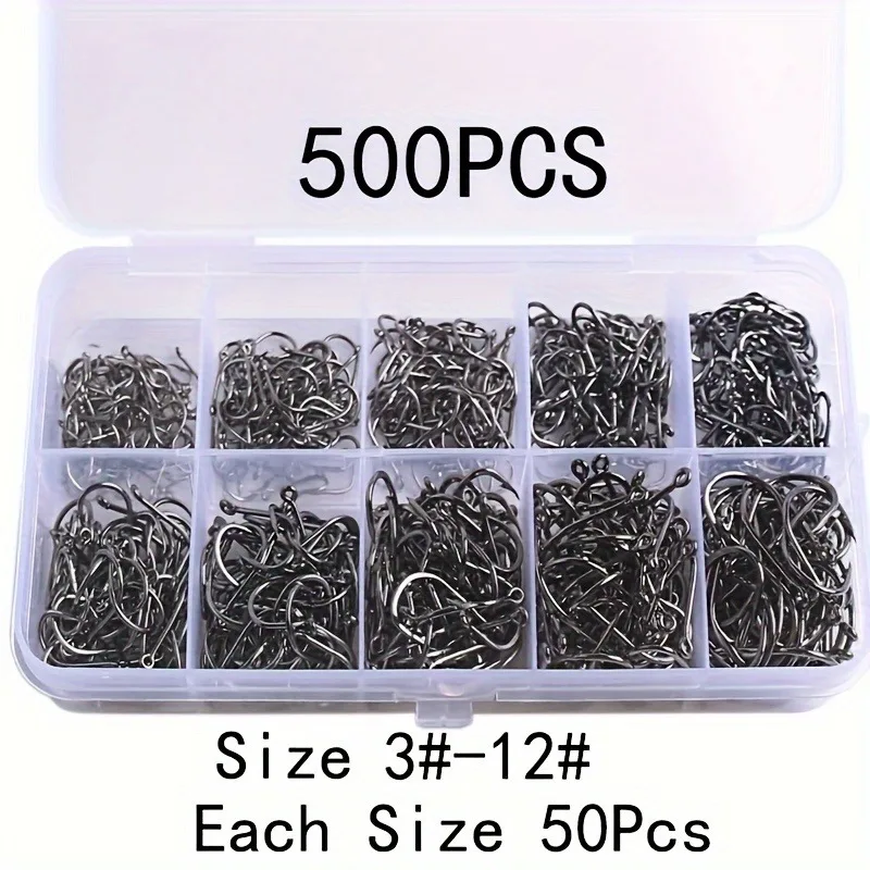 500 Stück Angelhaken, stark, scharf, silberfarben, Kreishaken 3 # -12 # Jig Barbed Pesca Tragbares Angelzubehör Meeresangel-Set – Detail 2